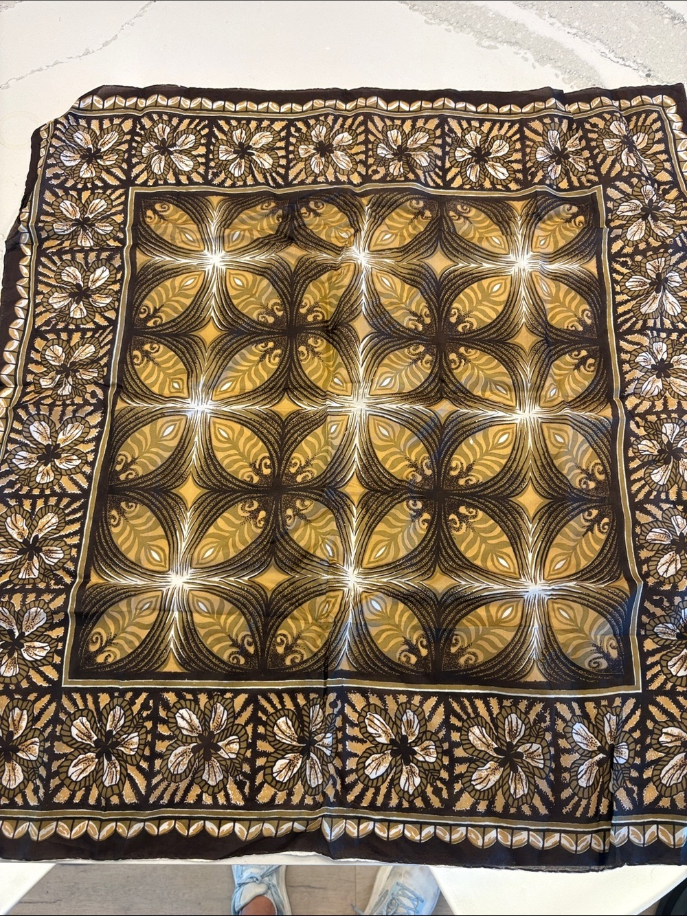 Elegant Gold and Black Floral Silk-Feel Scarf 30 by 28